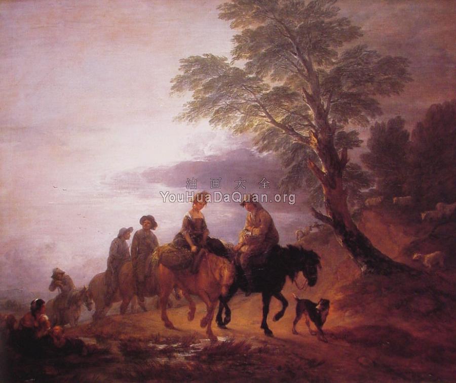 Open Landscape with Mounted Peasants - 托马斯·庚斯博罗